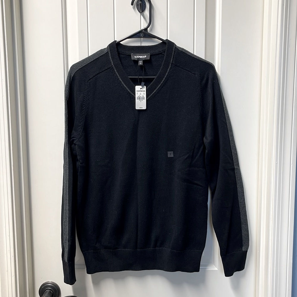 Express V Neck Sweater NWT Black with Grey Stripe